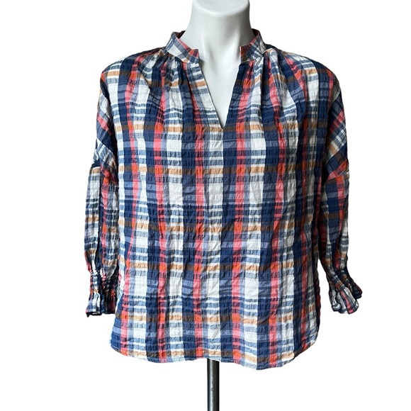 Finley Rex Top in Newbury Port Plaid Popover 3/4 Sleeve Crepe Multicolor… - Picture 3 of 13